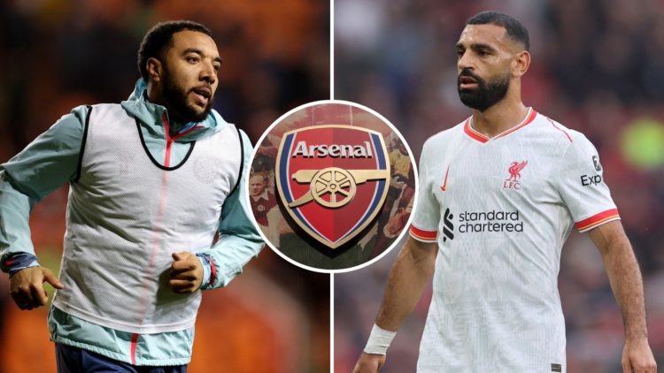 Split image of Troy Deeney and Mohamed Salah. Inset, an Arsenal badge.