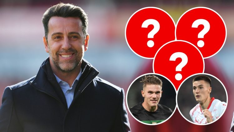Edu Gaspar, Sporting Director of Arsenal looks on prior to the Barclays Women's Super League match. Inset, Viktor Gyokeres, Benjamin Sesko, and thr...