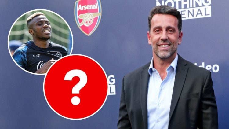 Edu Gaspar attends the "All Or Nothing: Arsenal" Global Premiere. Inset, Victor Osimhen and a question mark.