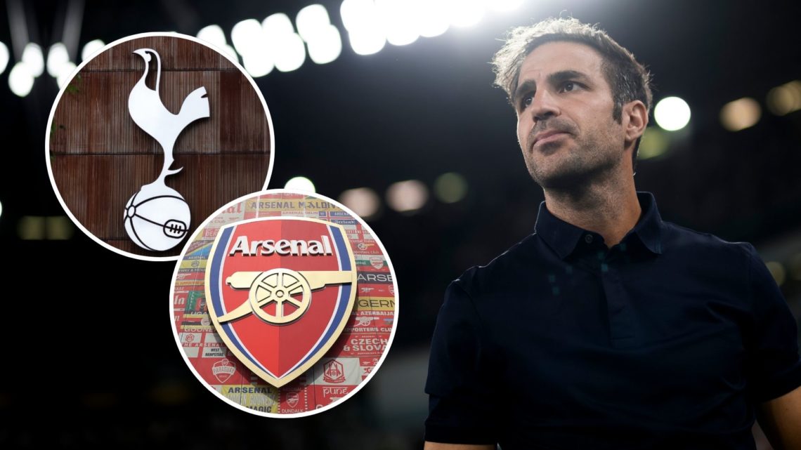 Cesc Fabregas, head coach of Como 1907, looks on prior to the Serie A football match. Inset, Arsenal and Spurs badges.
