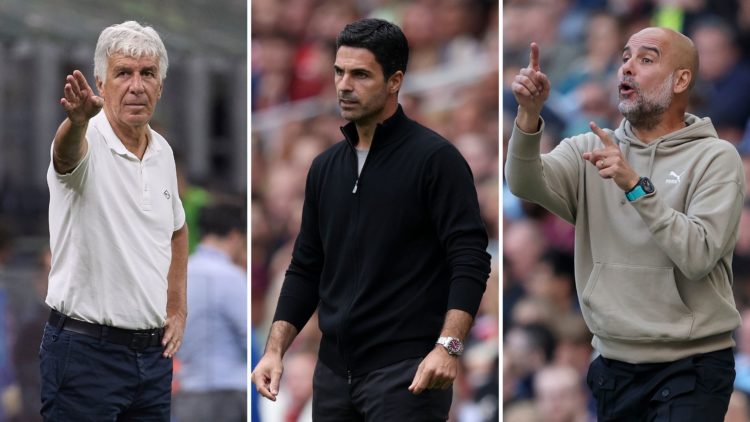 Split image of Atalanta manager Gian Piero Gasperini (left), Mikel Arteta and Pep Guardiola