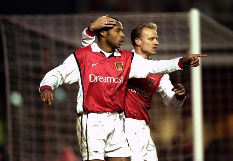 28 Nov 1999:  Thierry Henry of Arsenal celebrates his goal with team mate Dennis Bergkamp during the FA Carling Premiership match against Derby Cou...