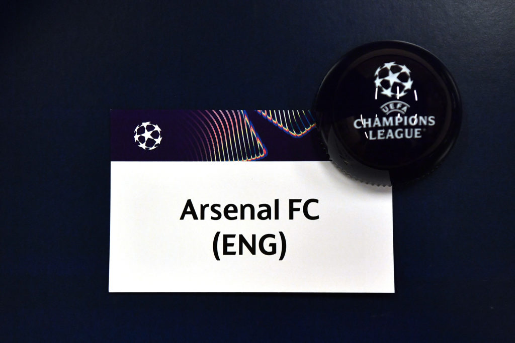 'Arsenal FC" printed on a piece of paper at the UEFA Champions League 2024/25 League Phase Draw