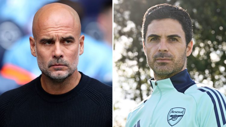 Split image of Pep Guardiola and Mikel Arteta.