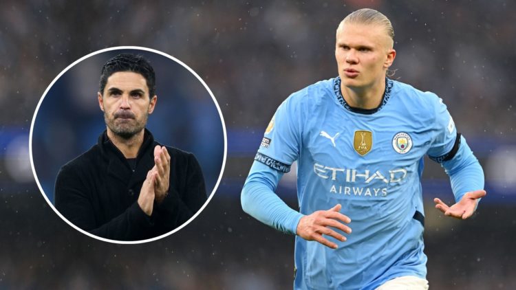 Erling Haaland of Manchester City in action during the Premier League match. Inset, Mikel Arteta.