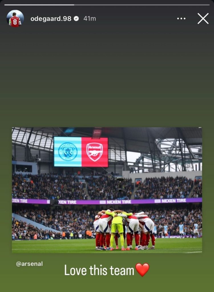 Martin Odegaard message on Instagram to a picture of his Arsenal teammates captioned "Love this team".