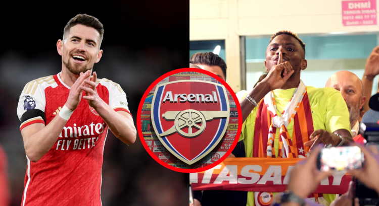 A compilation of images featuring Jorginho, Victor Osimhen and an Arsenal badge.