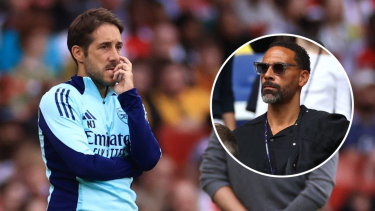 Arsenal assistant coach, Nicolas Jover during the pre-season friendly match. Inset, Rio Ferdinand.