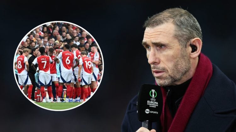 Former footballer Martin Keown working for TNT Sports during the UEFA Europa Conference League. Inset, Arsenal squad.