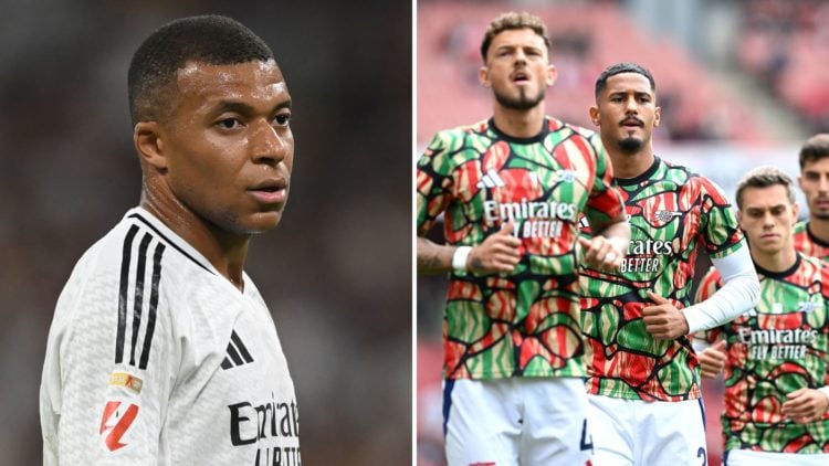 Split image of Kylian Mbappe and William Saliba.