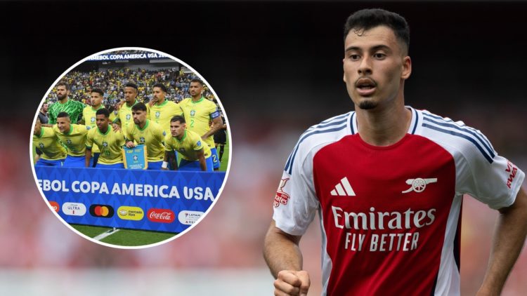 Gabriel Martinelli of Arsenal during the pre-season friendly match. Inset, players of Brazil pose for a team photo.