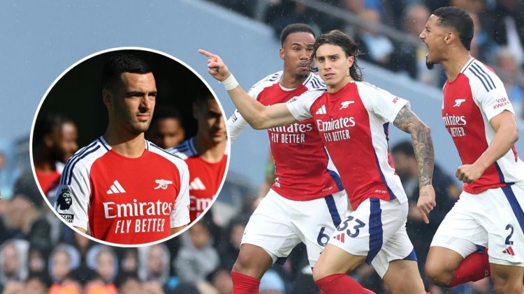 Riccardo Calafiori of Arsenal celebrates scoring his team's first goal during the Premier League match. Inset, Mikel Merino.