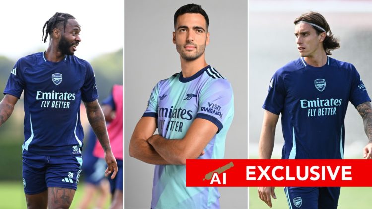 Split image of Raheem Sterling, Mikel Merino, and Riccardo Calafiori.