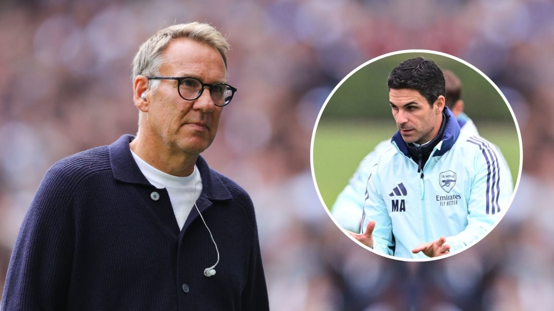 Sky Sports pundit Paul Merson during the Premier League match between Tottenham Hotspur FC and Arsenal FC. Inset, Mikel Arteta.