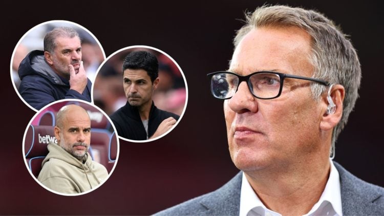 Paul Merson working for Sky Sports TV during the Premier League match between Manchester United and Arsenal FC. Inset, Pep Guardiola, Mikel Arteta,...