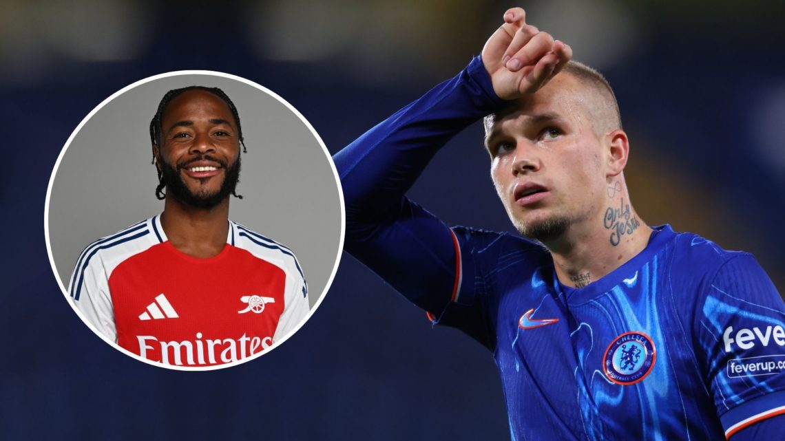 Mykhailo Mudryk of Chelsea reacts during the UEFA Europa Conference League Play-Off 1st leg match. Inset, Raheem Sterling.