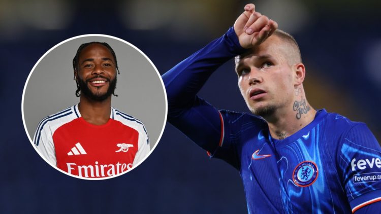 Mykhailo Mudryk of Chelsea reacts during the UEFA Europa Conference League Play-Off 1st leg match. Inset, Raheem Sterling.