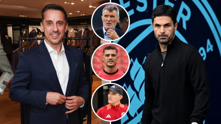 Split image of Gary Neville and Mikel Arteta. Inset, Granit Xhaka, Thomas Tuchel, and Roy Keane.