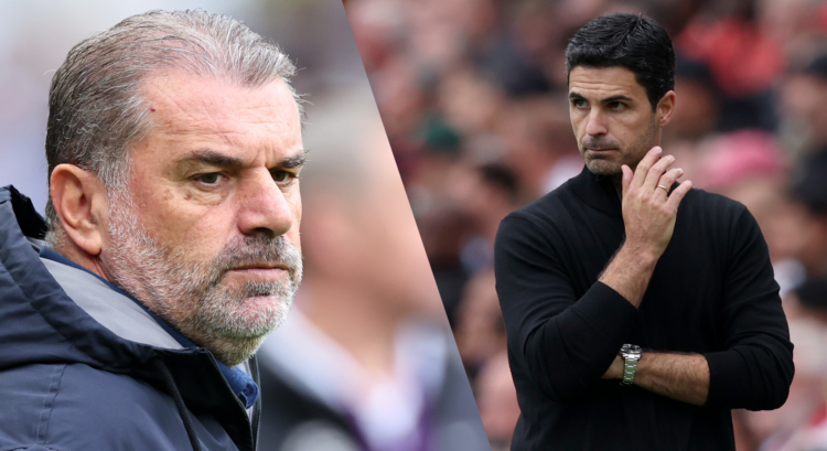 An image featuring Tottenham boss Ange Postecoglou and Arsenal manager Mikel Arteta.