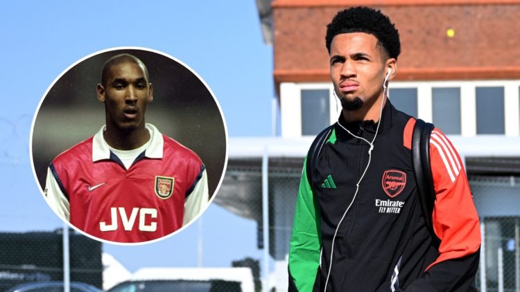 Ethan Nwaneri of Arsenal boards the team flight at Luton Airport. Inset, Nicolas Anelka.