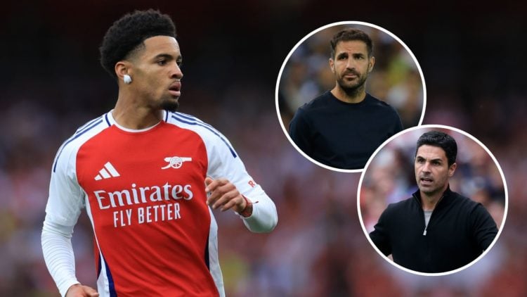 Ethan Nwaneri of Arsenal during the pre-season friendly match. Inset, Cesc Fabregas and Mikel Arteta.