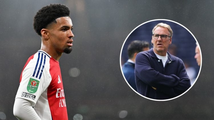 Ethan Nwaneri of Arsenal during the Carabao Cup Third Round match between Arsenal and Bolton Wanderers. Inset, Paul Merson.