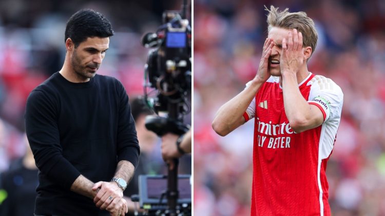 Split image of Mikel Arteta and Martin Odegaard, both looking dejected.
