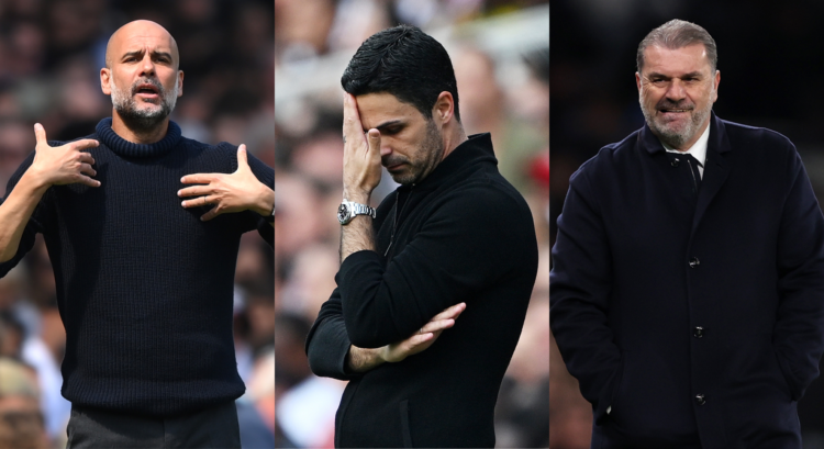 An image that features Pep Guardiola, Mikel Arteta and Ange Postecoglou.