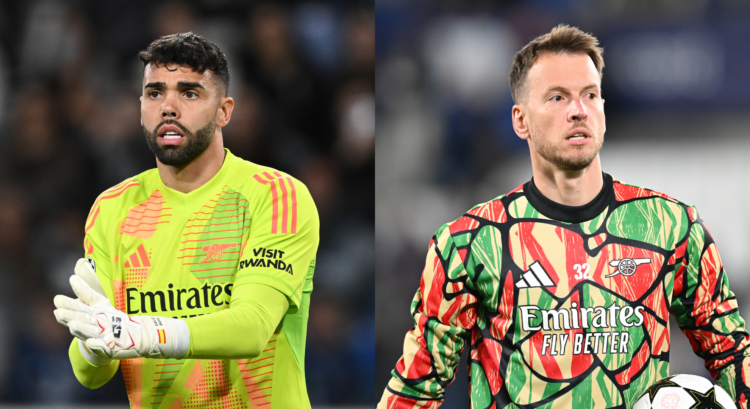 Arsenal goalkeepers David Raya and Neto look on.