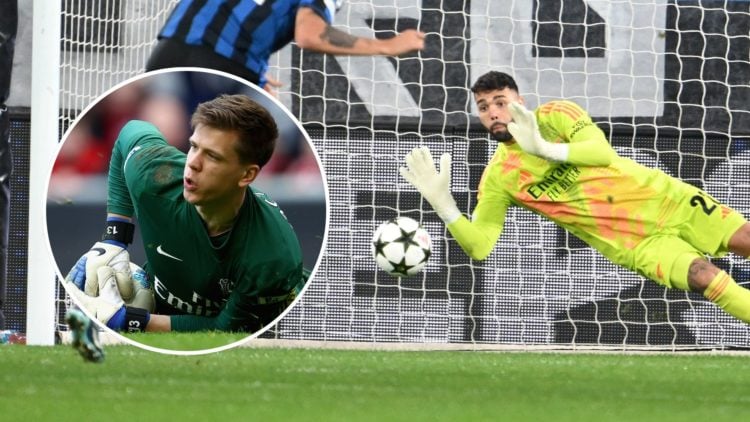 David Raya of Arsenal saves a penalty taken by Mateo Retegui of Atalanta. Inset, Wojciech Szczesny.