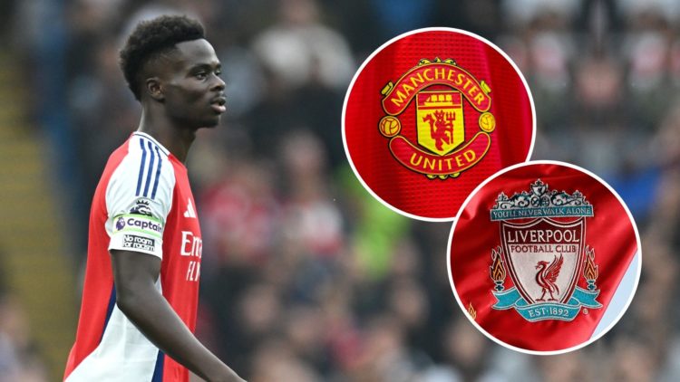Bukayo Saka of Arsenal looks on the Premier League match. Inset, Manchester United and Liverpool badges.