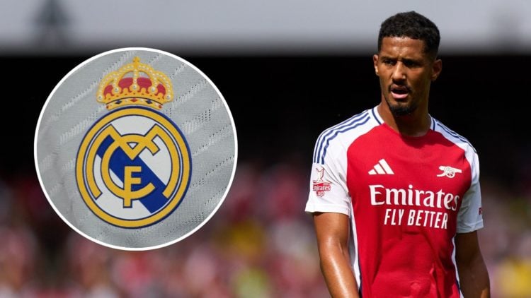 William Saliba of Arsenal looks on during the pre-season friendly match. Inset, Real Madrid badge.