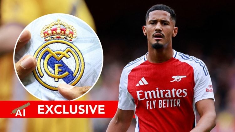 William Saliba reacts during the English Premier League football match. Inset, Real Madrid badge on kit close-up. Overlaid, an exclusive banner.