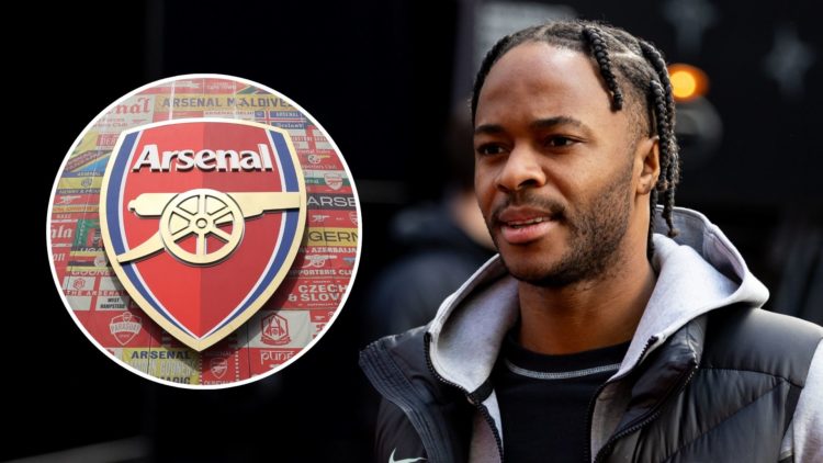 Raheem Sterling of Chelsea arrives at the stadium prior to the Premier League match. Inset, Arsenal badge outside Emirates stadium.