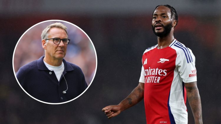 Raheem Sterling of Arsenal during the Carabao Cup Third Round match between Arsenal and Bolton Wanderers. Inset, Paul Merson.