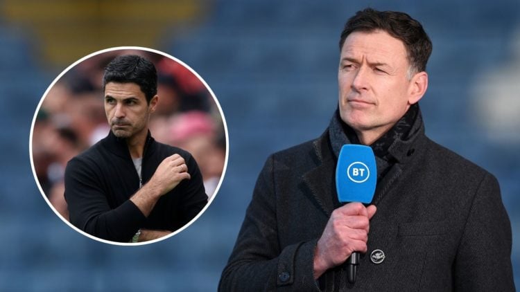 TV Pundit and Former Footballer Chris Sutton looks on ahead of the Premier League match. Inset, Mikel Arteta.