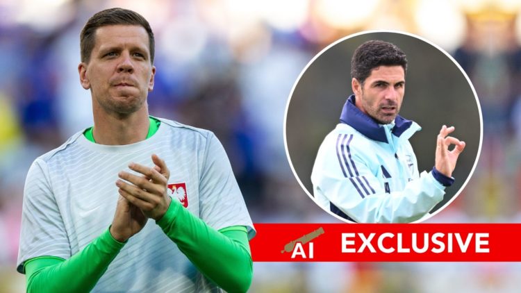 Wojciech Szczesny is greetings fans after the UEFA Euro 2024 Group D match between France v Poland. Inset, Mikel Arteta. Overlaid, an exclusive ban...