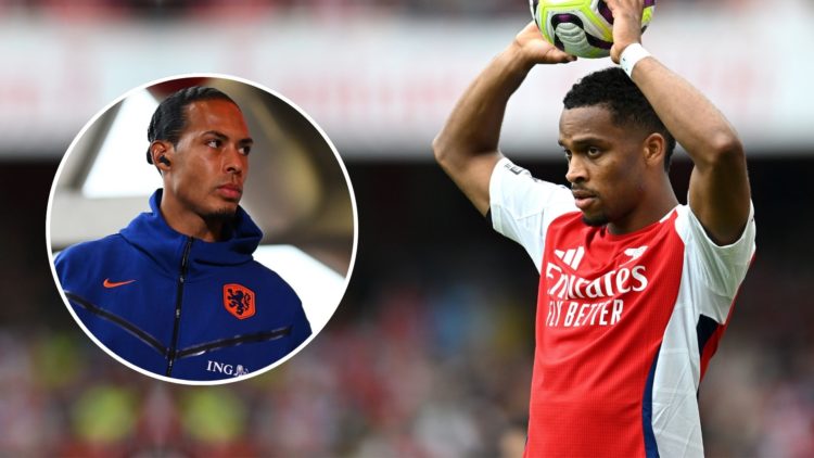 Jurrien Timber of Arsenal controls the ball during the Premier League match. Inset, Virgil van Dijk.