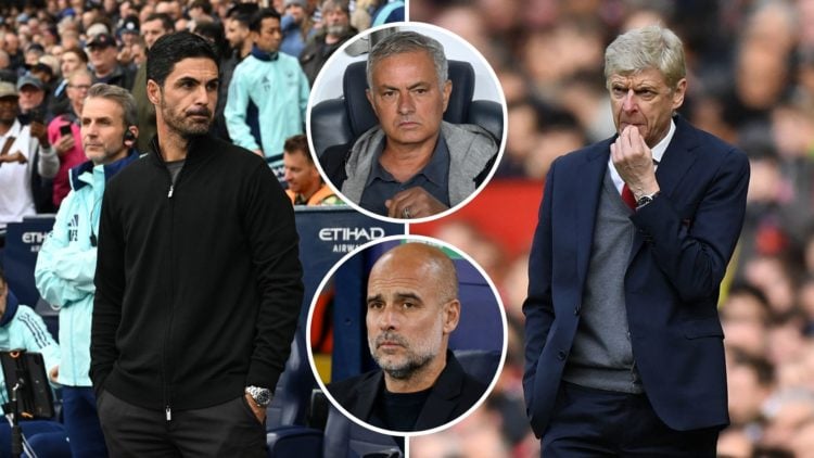 Split image of Mikel Arteta and Arsene Wenger. Inset, Pep Guardiola and Jose Mourinho.