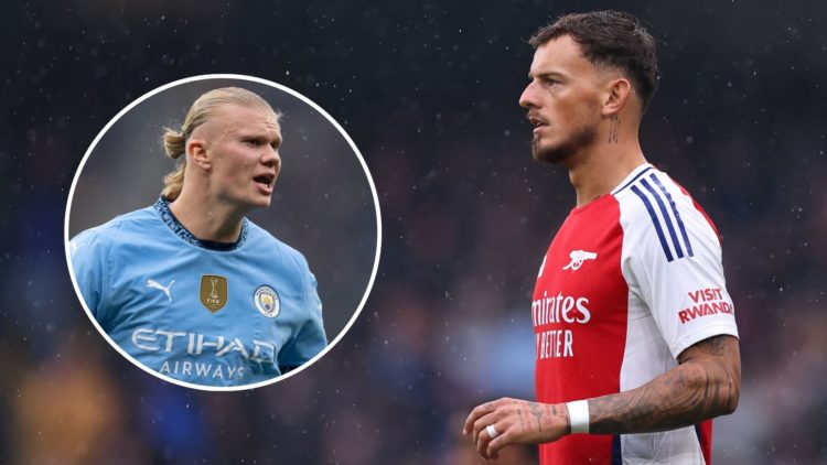 Ben White of Arsenal during the Premier League match between Manchester City FC and Arsenal FC. Inset, Erling Haaland.