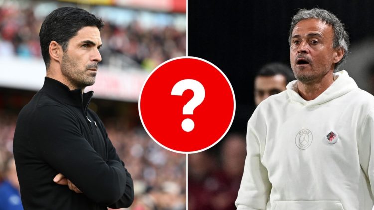 Split image of Mikel Arteta and Luis Enrique. Inset, a question mark.