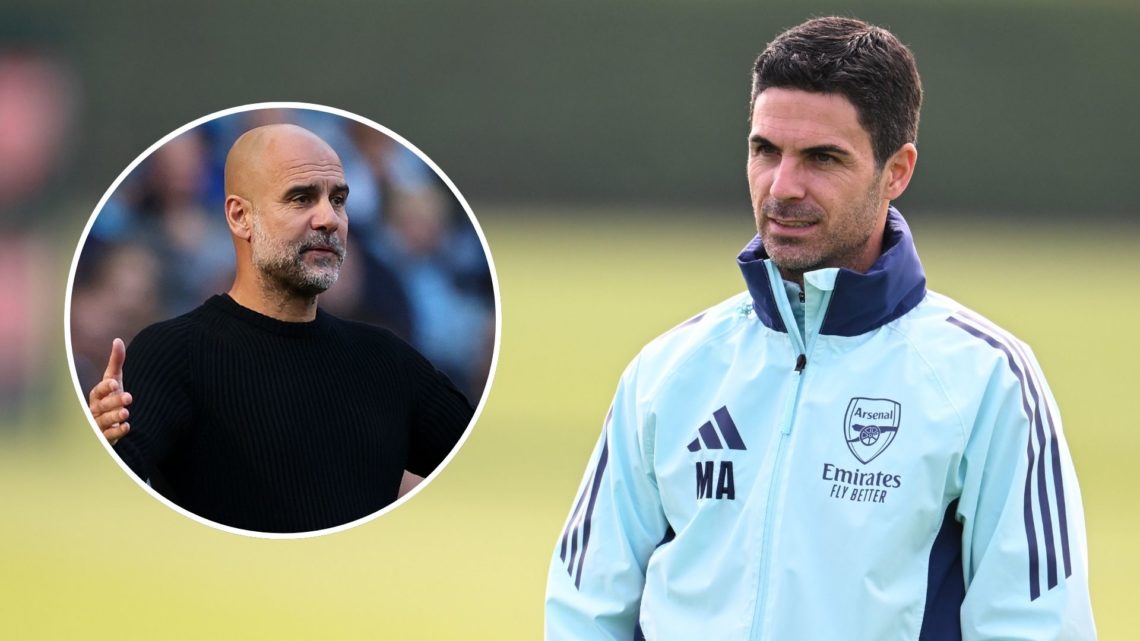 Arsenal manager Mikel Arteta during a training session at Sobha Realty Training Centre on October 04, 2024 in London Colney, England.. Inset, Pep G...