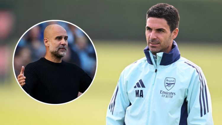 Arsenal manager Mikel Arteta during a training session at Sobha Realty Training Centre on October 04, 2024 in London Colney, England.. Inset, Pep G...