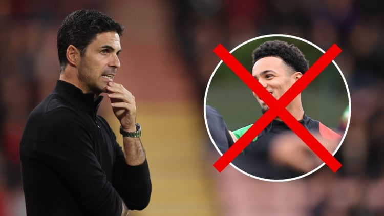 Mikel Arteta manager / head coach of Arsenal during the Premier League match between AFC Bournemouth and Arsenal FC. Inset, Ethan Nwaneri with a re...