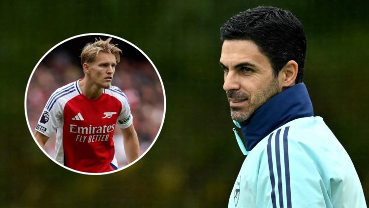 Arsenal's Spanish manager Mikel Arteta leads a training session at the Arsenal Training centre in Shenley in Hertfordshire. Inset, Martin Odegaard.