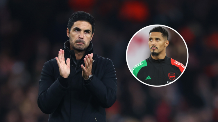 Arteta looking sad with an inset of William Saliba