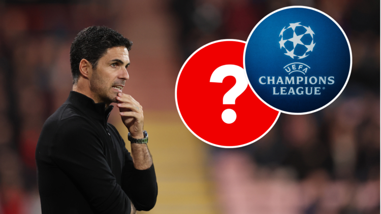 Arteta with 2 circles, one with a question mark and the other with Champions League logo