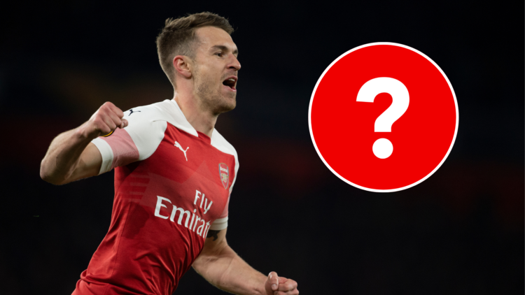Aaron Ramsey in an Arsenal kit celebrating a goal with a red question mark on the right hand side