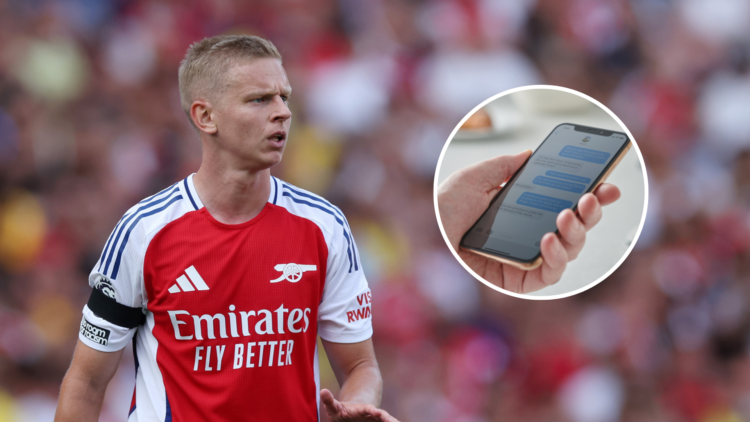 Oleksandr Zinchenko (L) with an insert of a phone/texting
