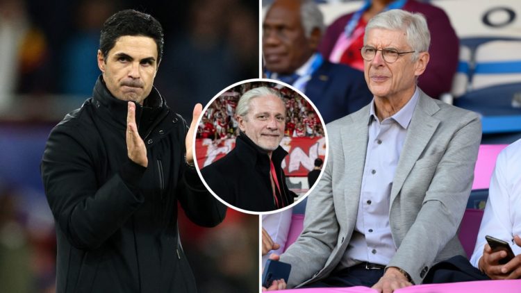 Split image of Mikel Arteta and Arsene Wenger. Inset, Emmanuel Petit.